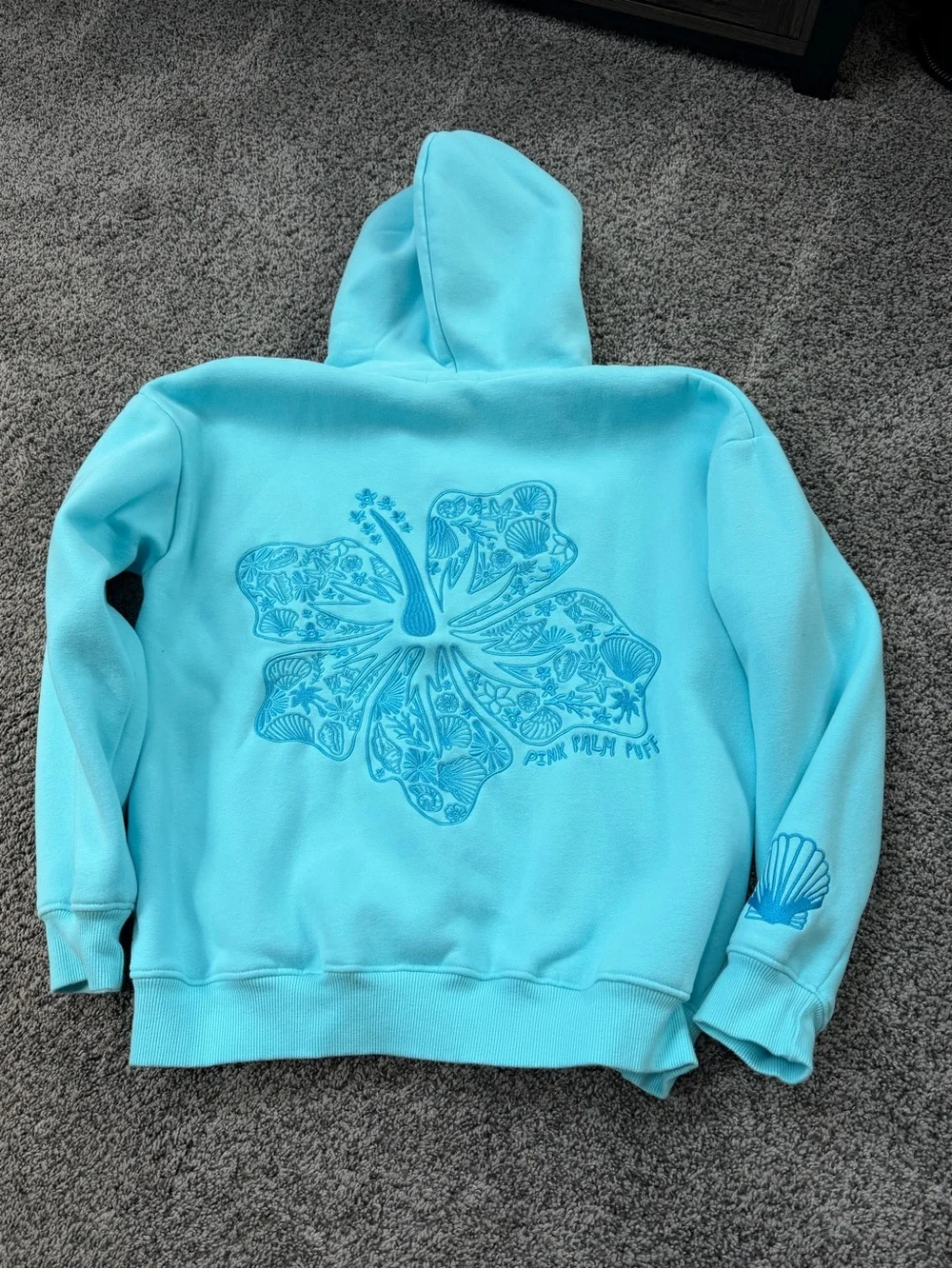 Pink palm puff Hawaii Hibiscus Hoodie in Aquamarine M